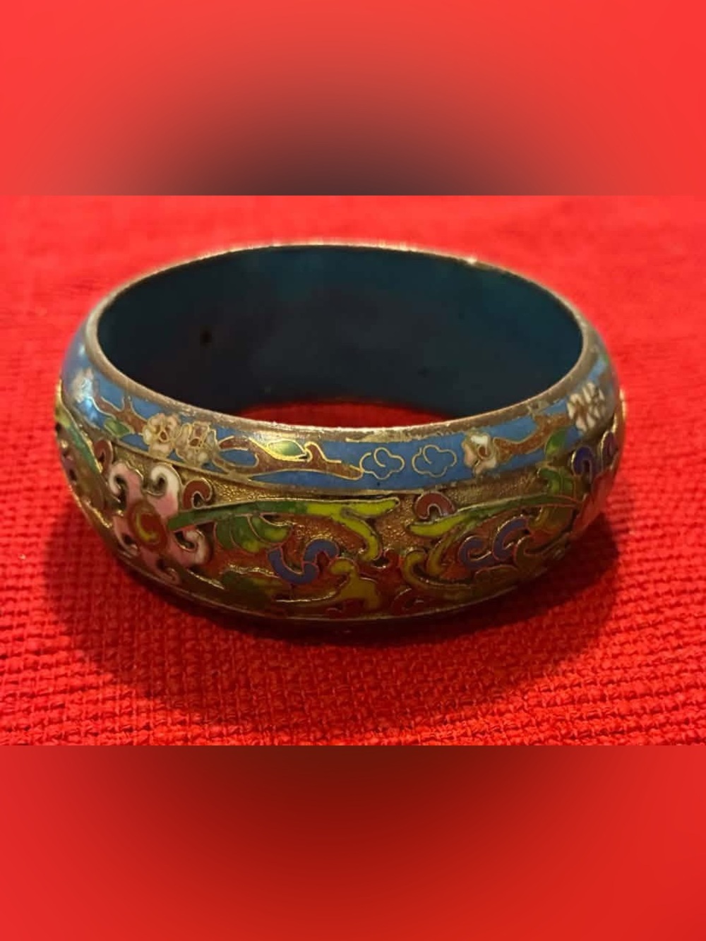 Cloisonné Enamel Floral Bangle Bracelet in Blue and Green